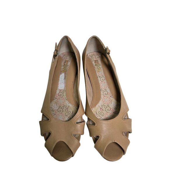 Kenneth Cole Reaction Bard Shark Peep Toe Neutral Tan Leather Flats Size 9M - Picture 3 of 7
